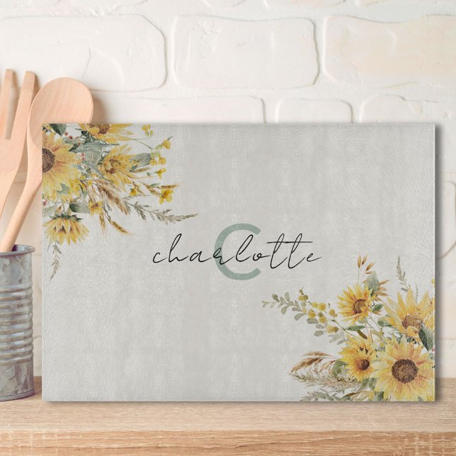 Planche À Découper Bouquet de tournesols à l'aquarelle avec monogramm (In situ)