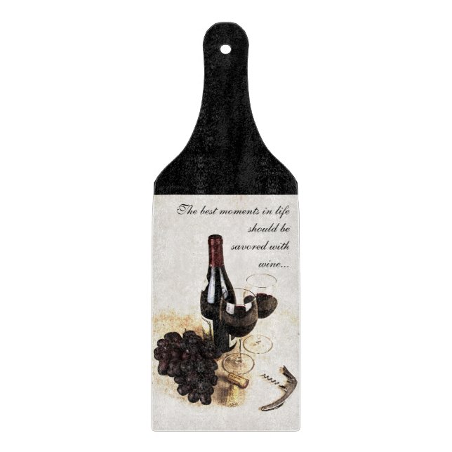 Planche À Découper Bouteille de vin, verres de vin et raisins (Devant)
