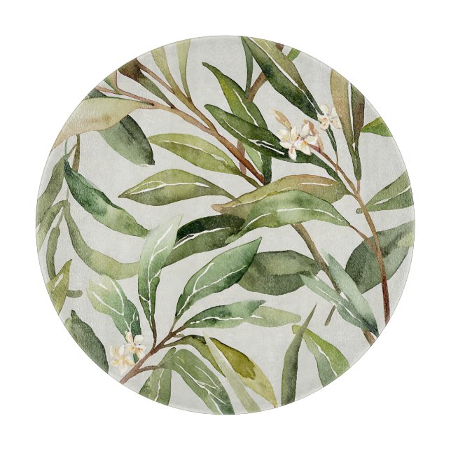 Planche À Découper Branches d'olivier à l'aquarelle Botanique (Devant)