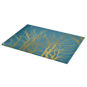 Planche À Découper Branches Gold Tree Motif Arrière - plan bleu
