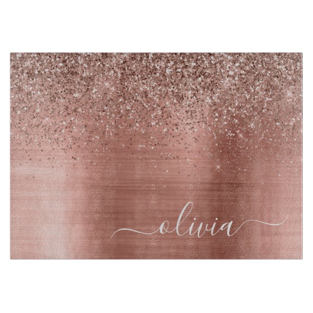 Planche À Découper Brushed metal rose Gold Pink Glitter Monogram (Devant)