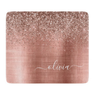 Planche À Découper Brushed metal rose Gold Pink Glitter Monogram