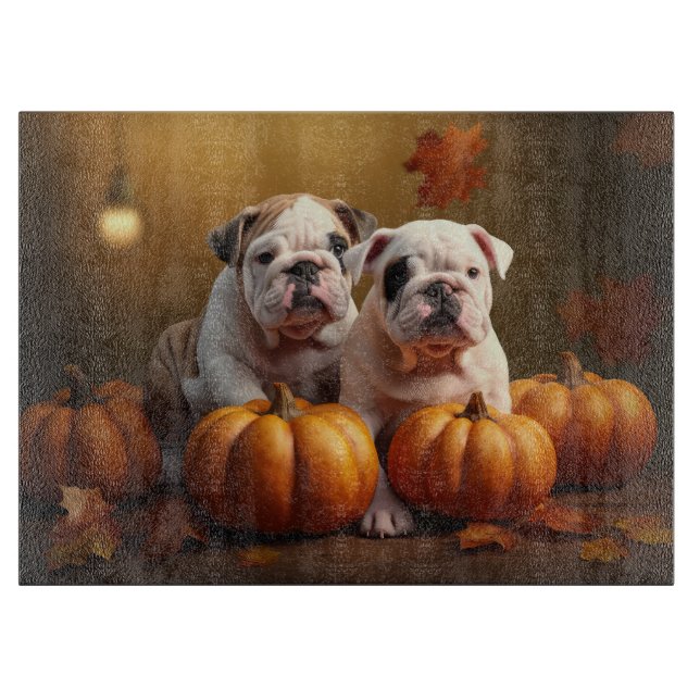 Planche À Découper Bulldog Chiot Automne Citrouille de plaisir (Devant)