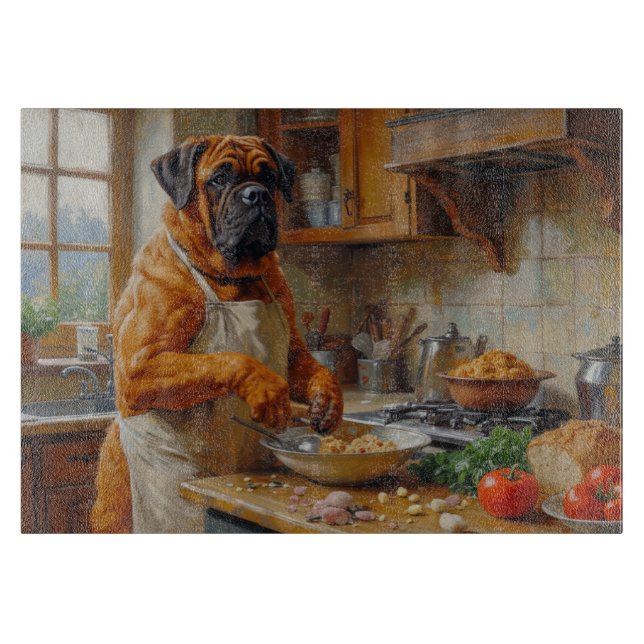 Planche À Découper Bullmastiff Cuisinant dans la Cuisine (Devant)