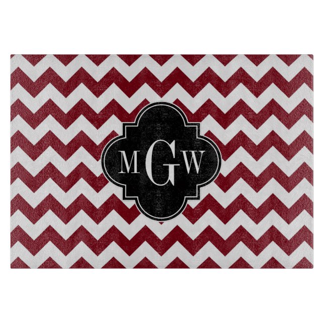 Planche À Découper Burgundy White Chevron Black Quatrefoil 3 monogram (Devant)