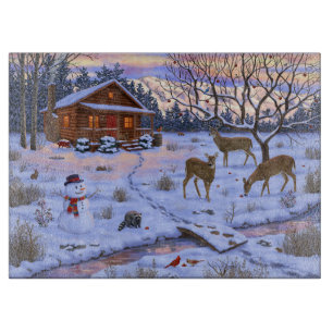 Planche À Découper Cabane d'hiver cerf dans la neige scène de Noël