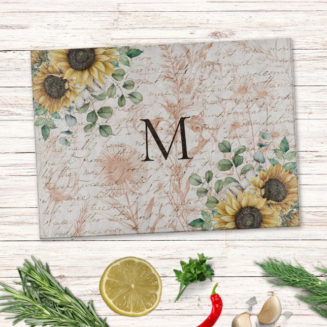 Planche À Découper Calligraphie Tournesol Rustique Vintage Monogrammé (In situ kitchen table)
