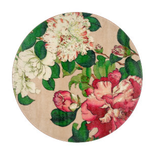 Planche À Découper Camellias japonais vintage. Rose profond sur le be