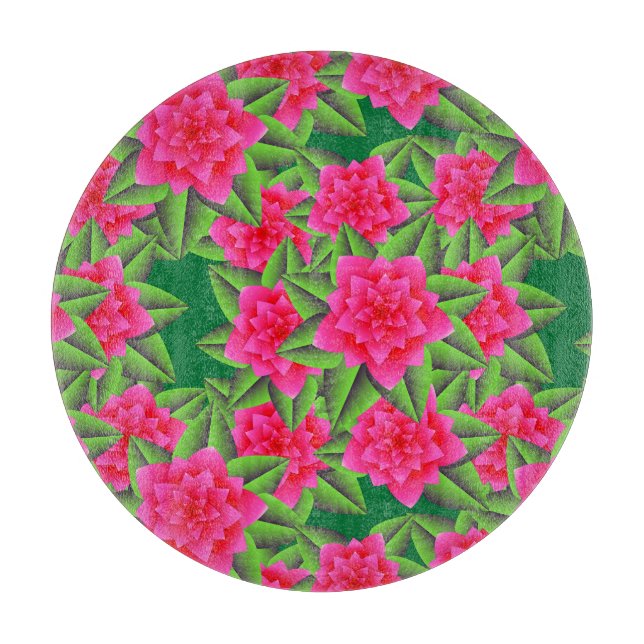 Planche À Découper Camellias roses de Fuschia et Feuilles verts (Devant)