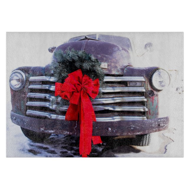 Planche À Découper Camion antique avec couronne de Noël festive (Devant)