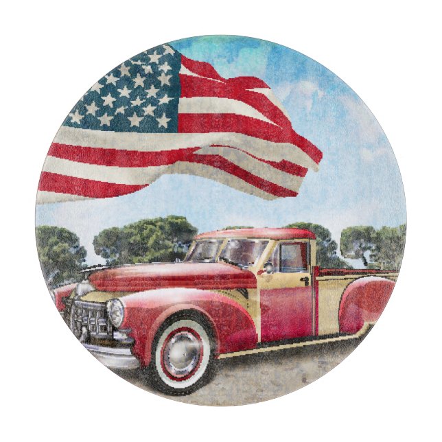 Planche À Découper Camion de ramassage rouge : Drapeau américain Vint (Devant)
