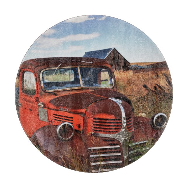 Planche À Découper Camion Dodge orange rouillé avec ferme abandonnée (Devant)