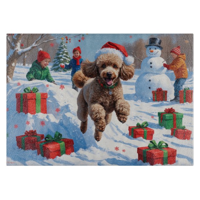 Planche À Découper Caniche courant dans la neige avec un chapeau de N (Devant)