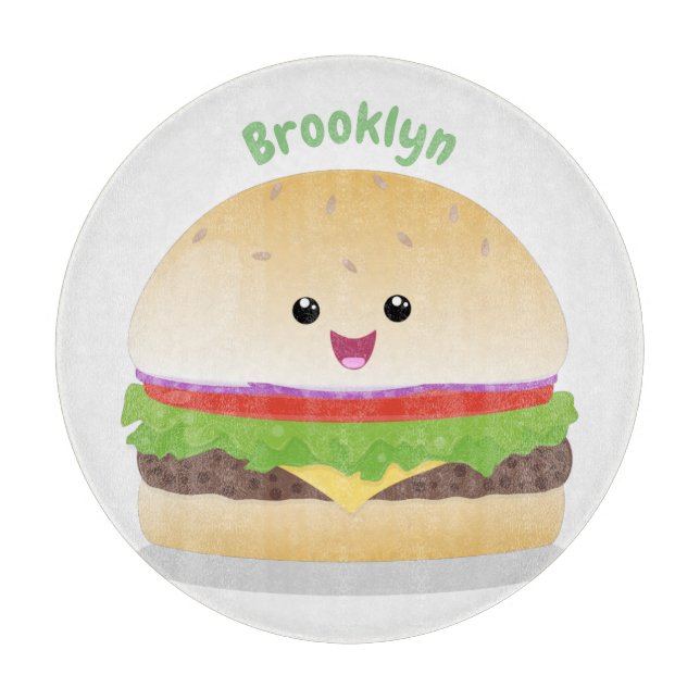 Planche À Découper Caricature de hamburger kawaii joyeux (Devant)