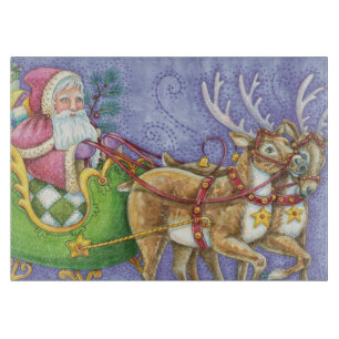 Planche À Découper Caricature de Noël Santa Claus Sleigh Reindeer