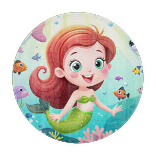 Planche À Découper caricature fille sirène dans la mer avec du poisso