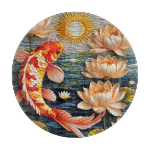 Planche À Découper Carpe Koï Entourée de Fleurs de Lotus