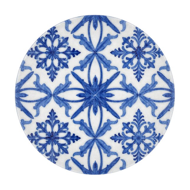Planche À Découper Carreau Azulejo Floral Bleu Blanc (Devant)