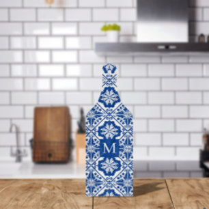 Planche À Découper Carreau de verre à monogramme bleu méditerranéen