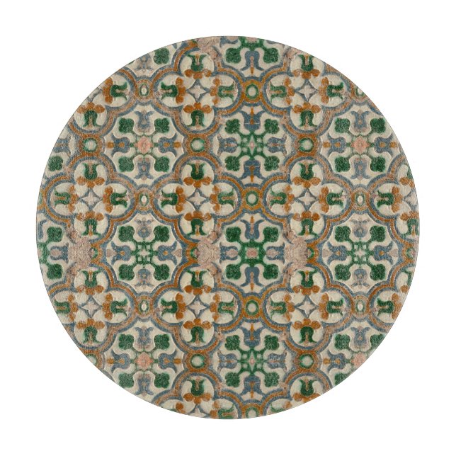 Planche À Découper Carreaux de faïence floraux à la moutarde verte Mo (Devant)