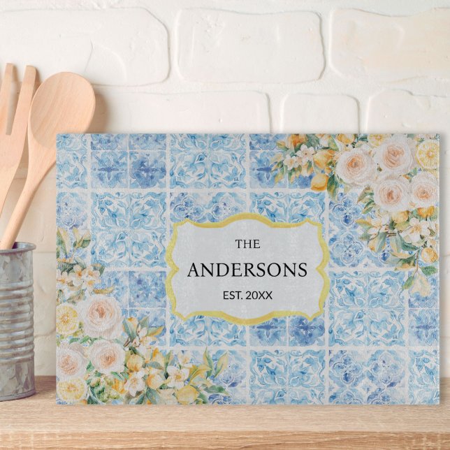 Planche À Découper Carreaux Méditerranéens Bleus Fleur Citron Nom de  (Créateur téléchargé)