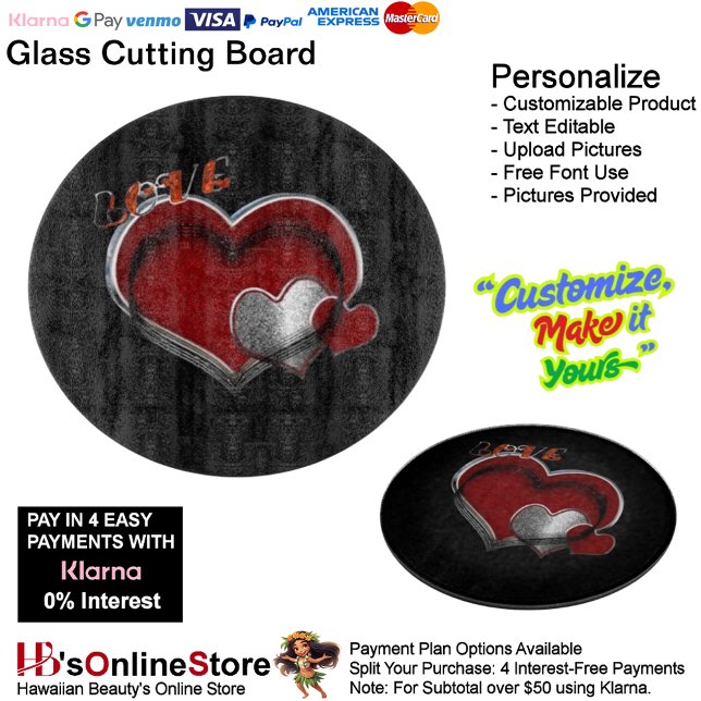 Planche À Découper Carrosserie Magique ronde en verre noir 30,4cm (Love Heart Black Cooking Kitchen Glass Cutting Board.)