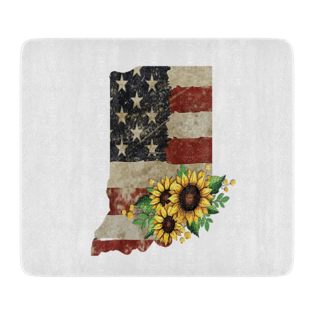 Planche À Découper Carte de l'État de l'Indiana Drapeau US Tournesol  (Devant)