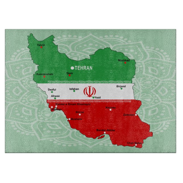 Planche À Découper Carte de l'Iran avec drapeau et emblème (Devant)