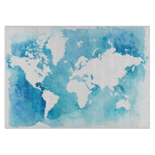 Planche À Découper Carte du monde dans des bleus d'aquarelle