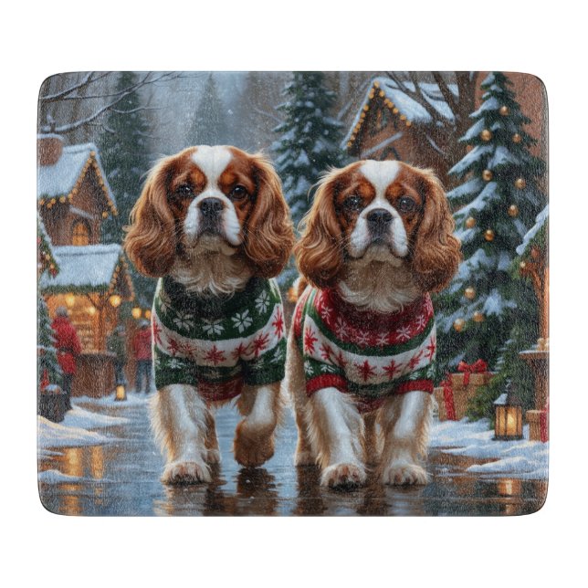 Planche À Découper Cavalier King Charles Spaniel Chiens Noël Neige  (Devant)