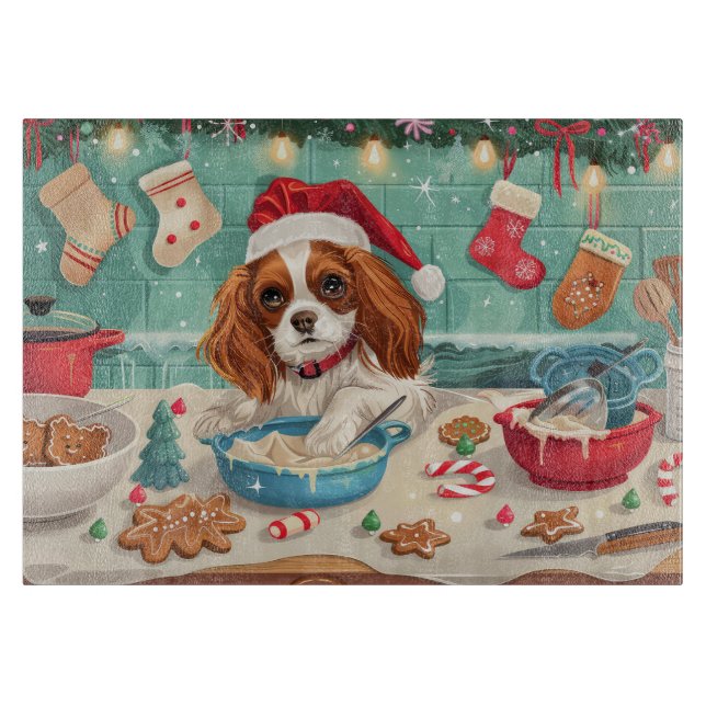 Planche À Découper Cavalier King Charles Spaniel Cuisinant pour Noël (Devant)