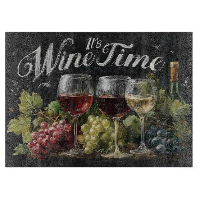 Planche À Découper "C'est l'heure du vin" Rustic Chalkboard Art (Devant)