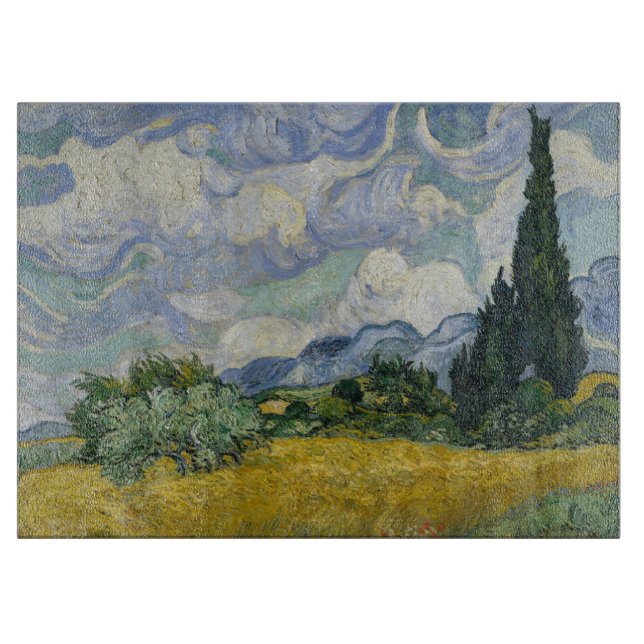 Planche À Découper Champ de blé avec cyprès, peinture à l'huile, Van  (Devant)