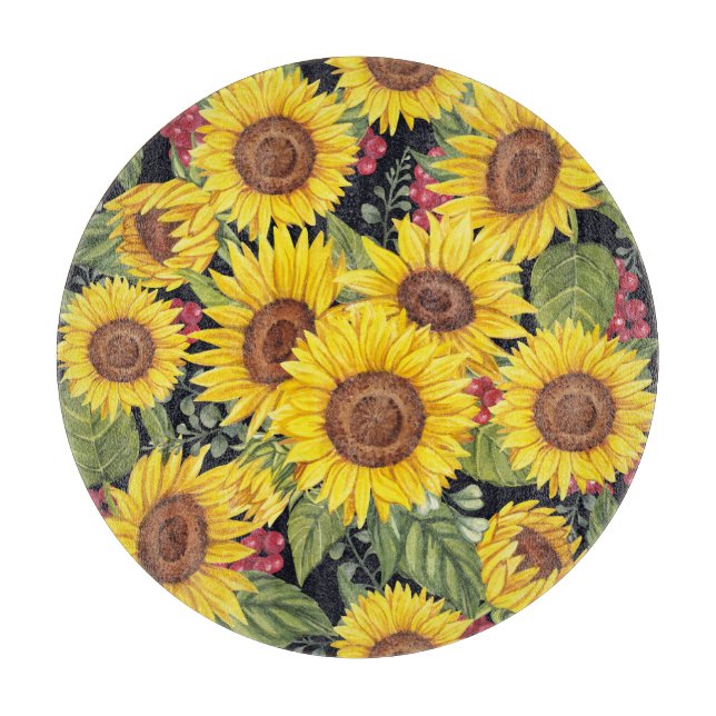 Planche À Découper Champ de tournesol : aquarelle noir arrière - plan (Devant)