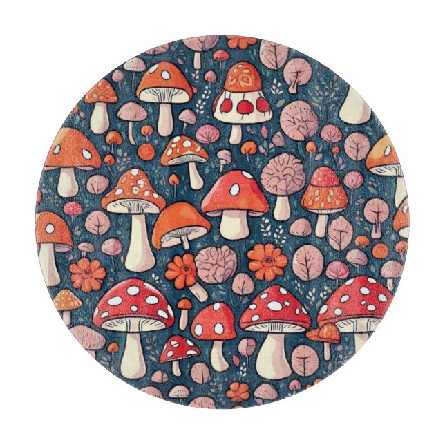 Planche À Découper Champignons fleuris rouges mignons dans un décor v (Devant)