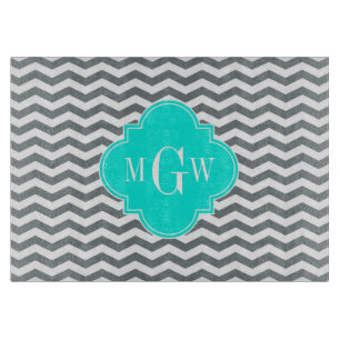 Planche À Découper Charcoal Tn Chevron Brt Aqua Quatrefoil 3 Monogram