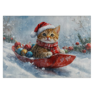 Planche À Découper Chat Abyssin en traîneau Laissez neige Noël