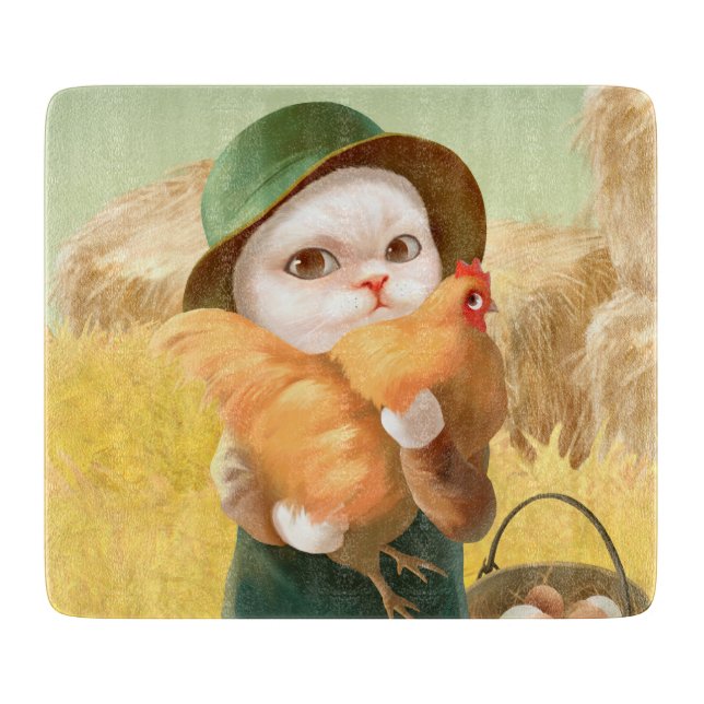 Planche À Découper Chat adorable avec Hen à la ferme (Devant)