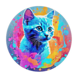 Planche À Découper Chat au Néon Bleu en Splatter
