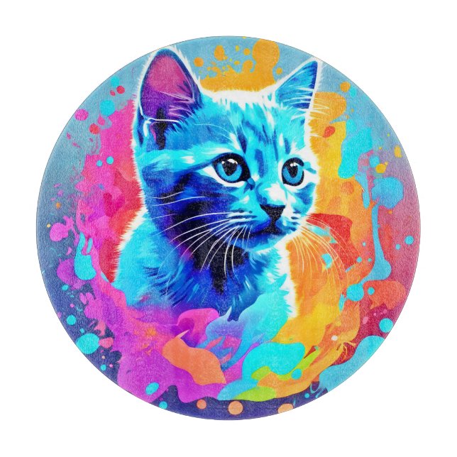 Planche À Découper Chat au Néon Bleu en Splatter (Devant)