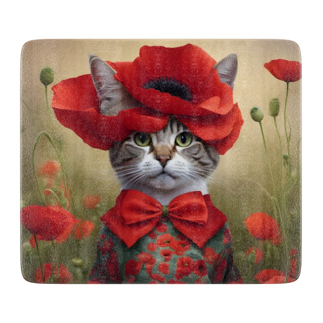 Planche À Découper Chat avec une robe faite de coquelicots (Devant)