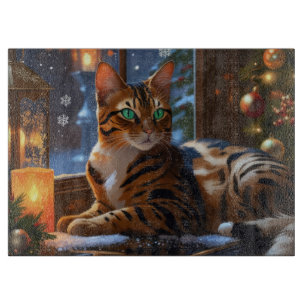 Planche À Découper Chat Bengal avec lumières de Noël pour les fêtes