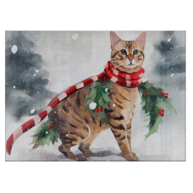 Planche À Découper Chat Bengal dans Noël enneigé  (Devant)