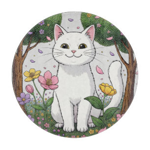 Planche À Découper Chat blanc dans un jardin coloré