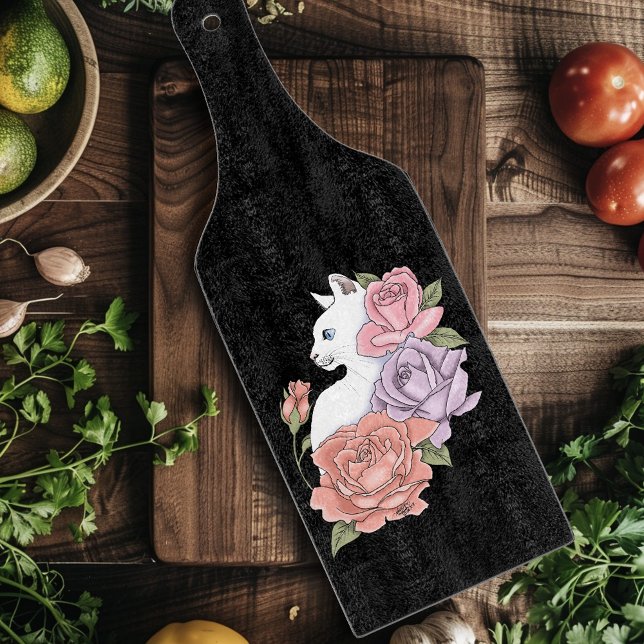 Planche À Découper Chat Blanc Pastel Floral Botanique Romantique Noir (Créateur téléchargé)