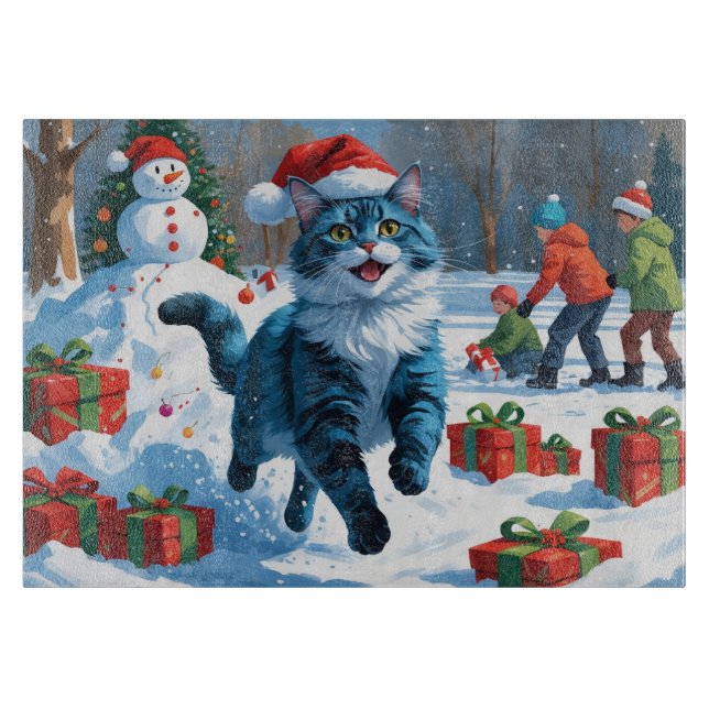 Planche À Découper Chat bleu oriental assis dans la neige avec un cha (Devant)