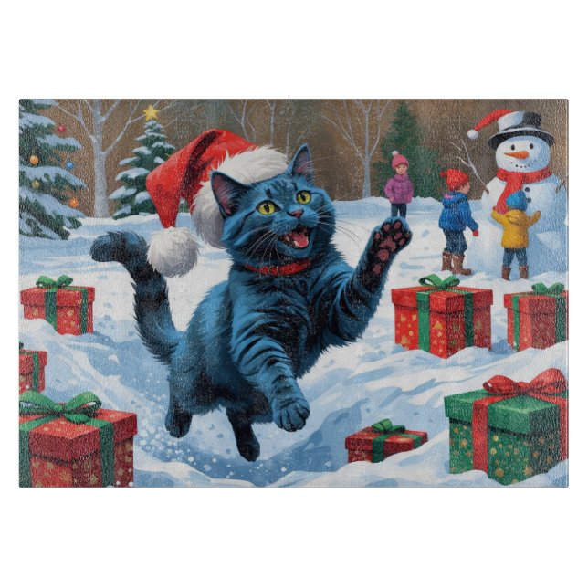 Planche À Découper Chat Bleu Russe Courant dans la Neige avec un Chap (Devant)