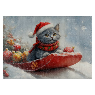 Planche À Découper Chat bleu russe en traîneau Laissez la neige Noël