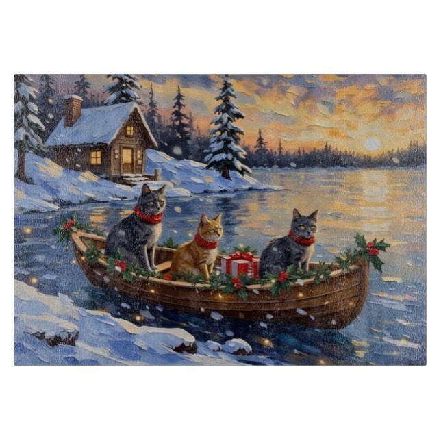 Planche À Découper Chat Bleu Russe Noël Bateau Fêtes (Devant)