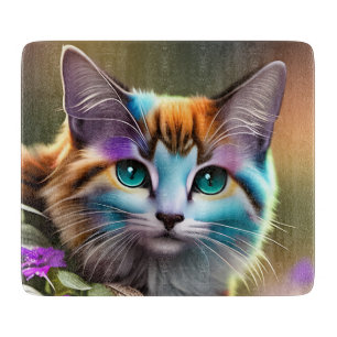 Planche À Découper chat calicot bleu et rouille et fleurs
